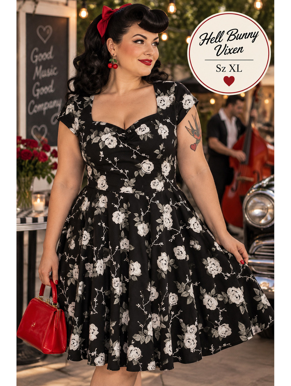 Hell Bunny Vixen | XL | Black Rose Print Dress